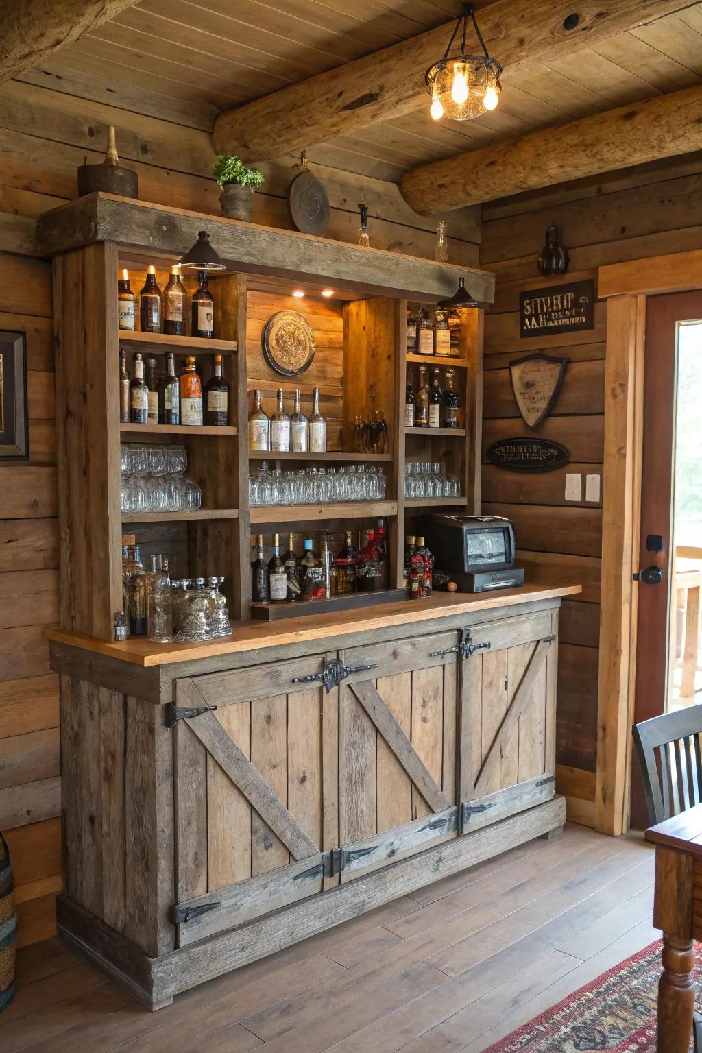 A repurposed barn wood bar cabinet, exuding rustic charm and history.