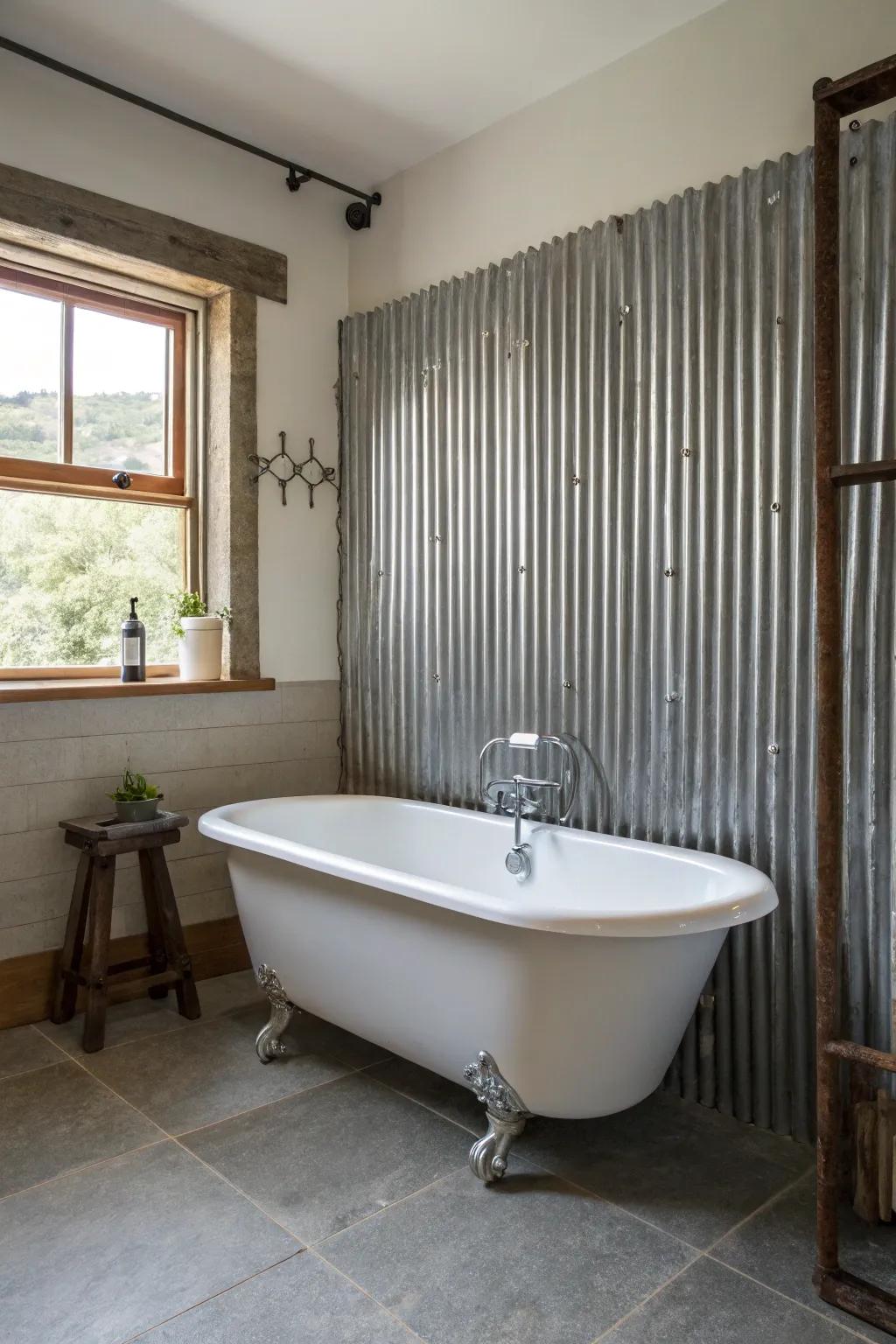 A vintage bathtub stands out against a corrugated metal accent wall, adding rustic appeal.