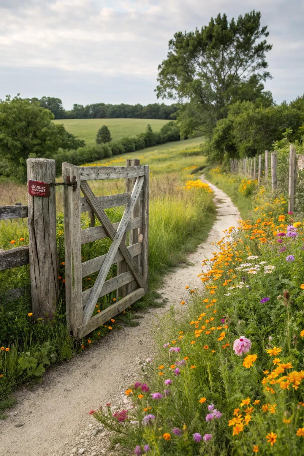 A classic wooden farm gate offers a timeless, rustic appeal.