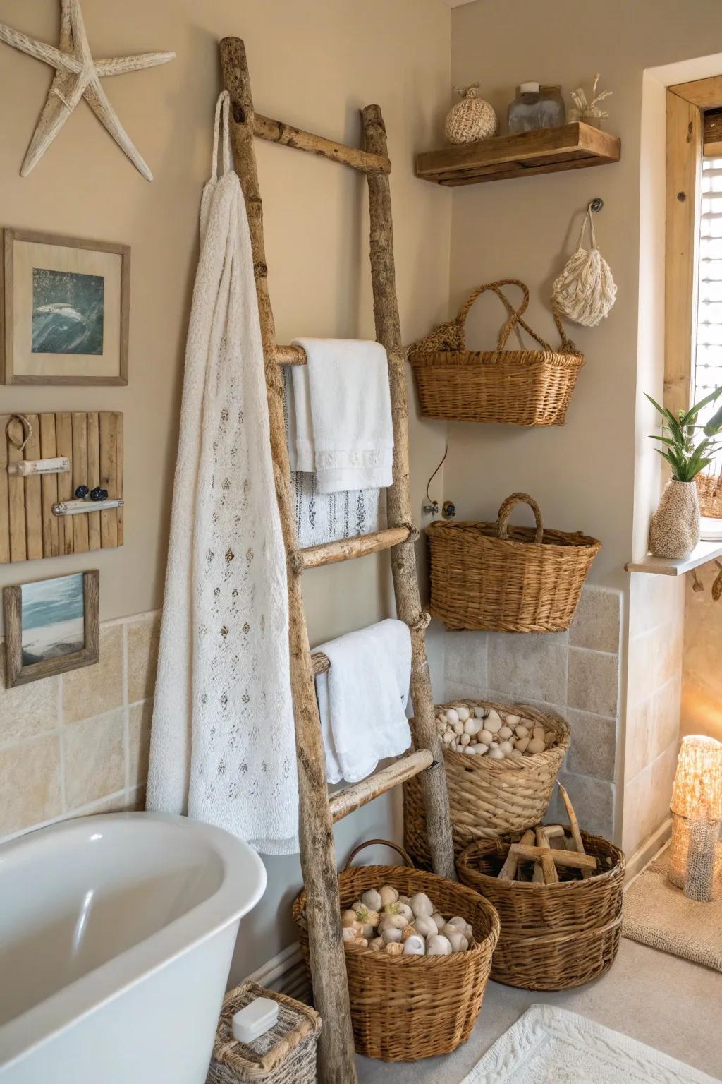 Embrace the natural charm of a driftwood towel rack.