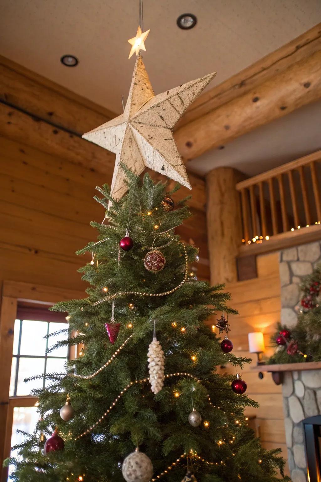 A Christmas tree crowned with a birch bark star, adding a woodland touch to the rustic decor.