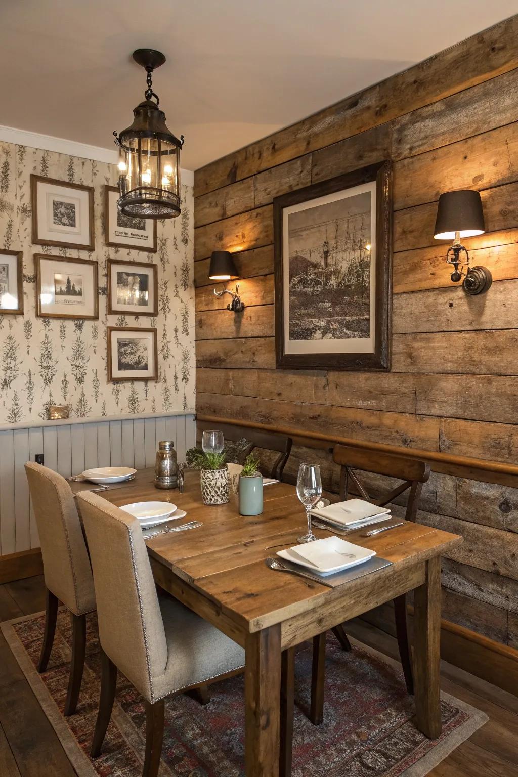 Reclaimed wood plank wallpaper adds warmth and history to any room.