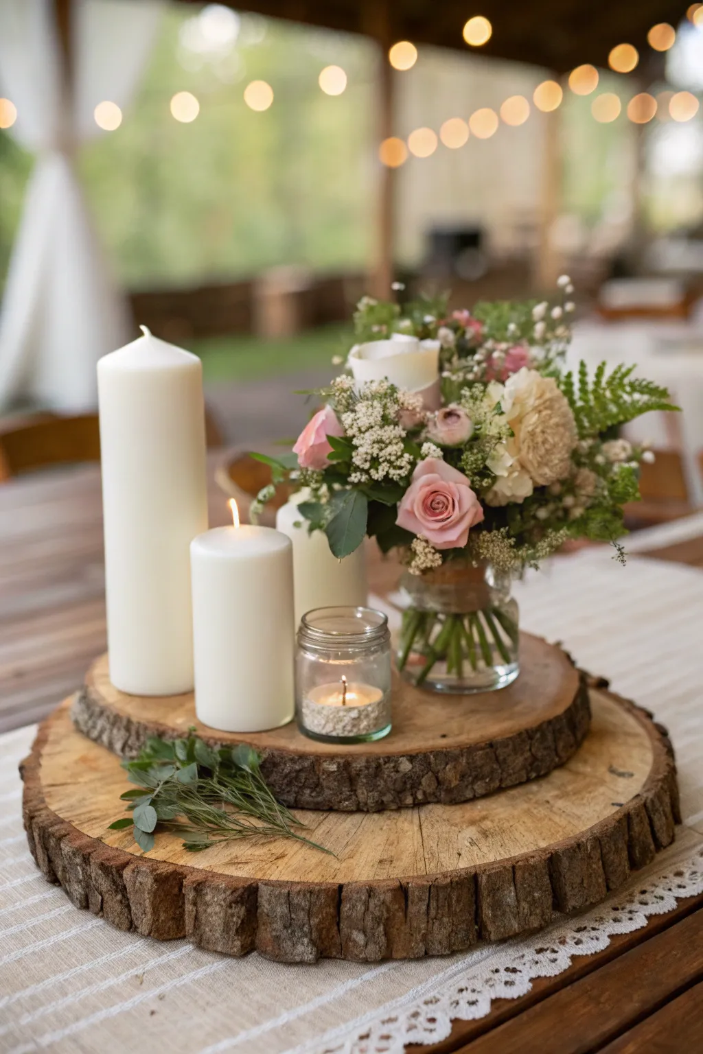 Wood slice craft ideas with a wood slice centrepiece base holding candles and flowers