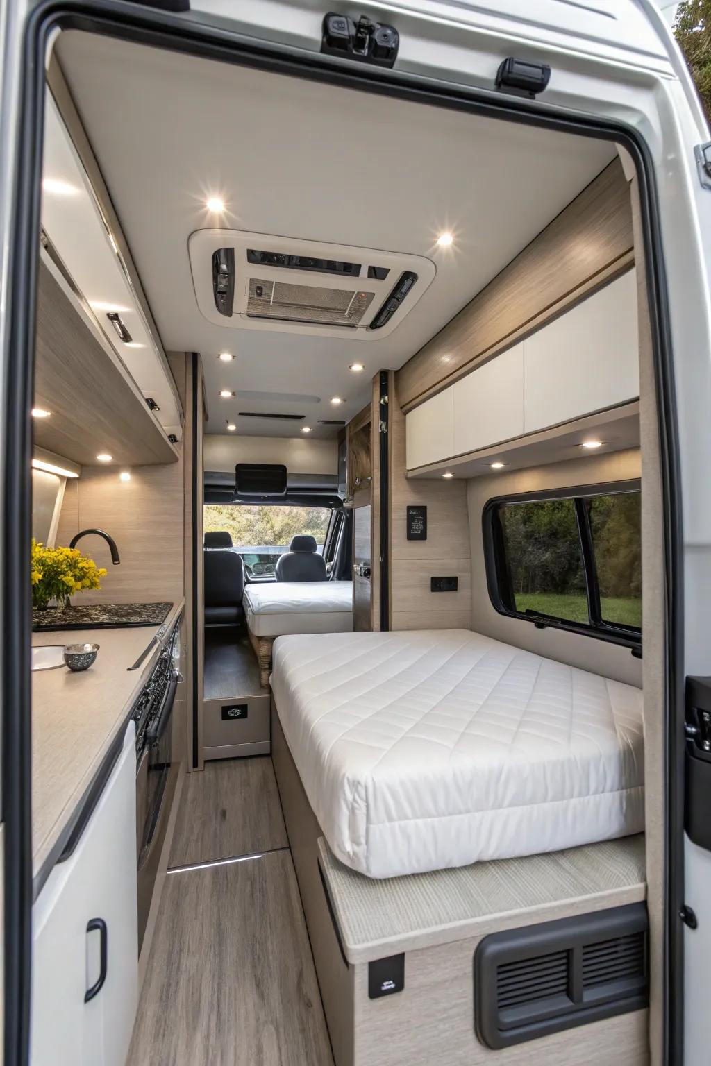 A fold-away wall bed can transform your RV into a multifunctional space.