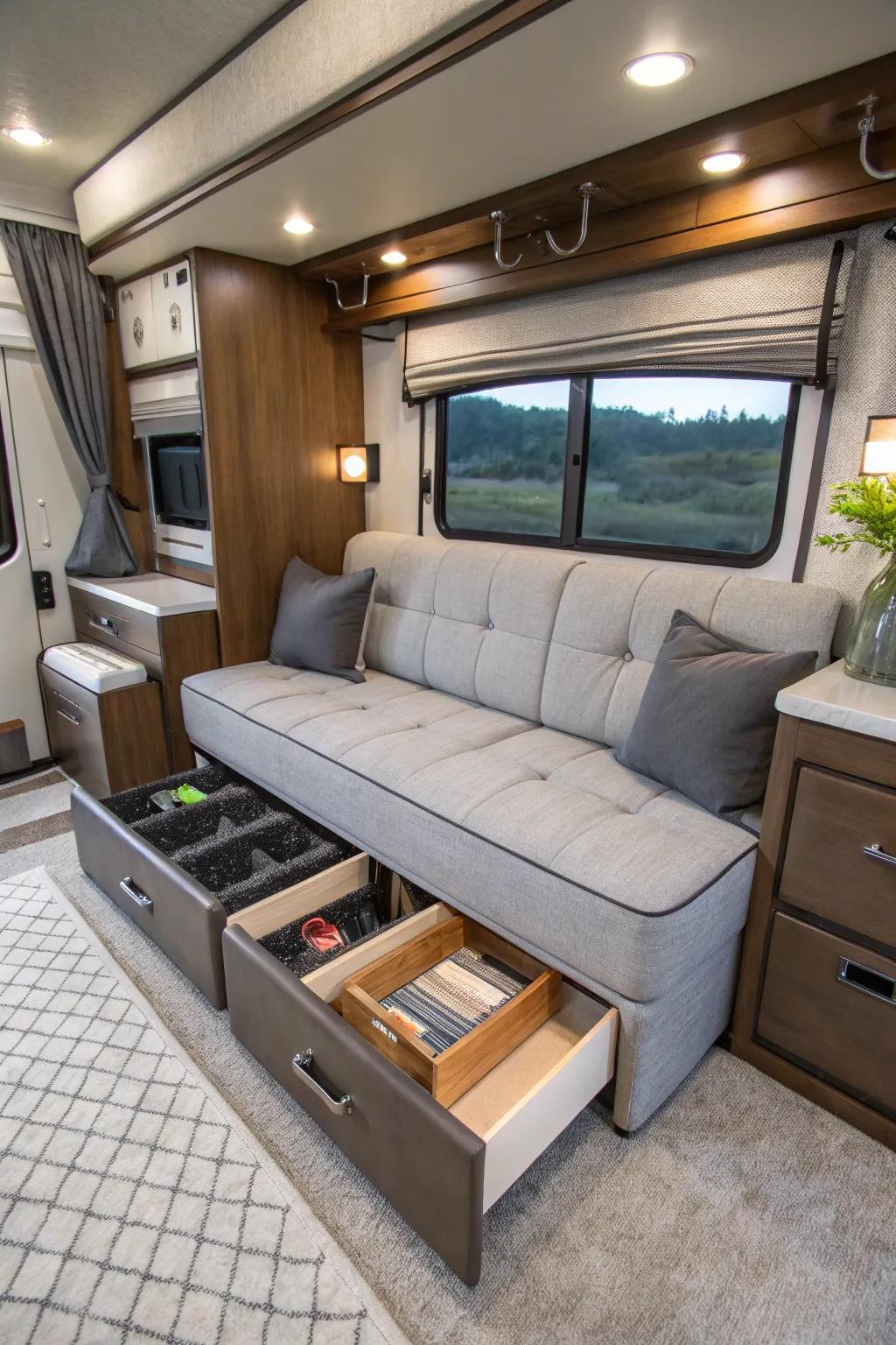 Maximize your RV's space with a multifunctional sofa that offers both seating and storage.