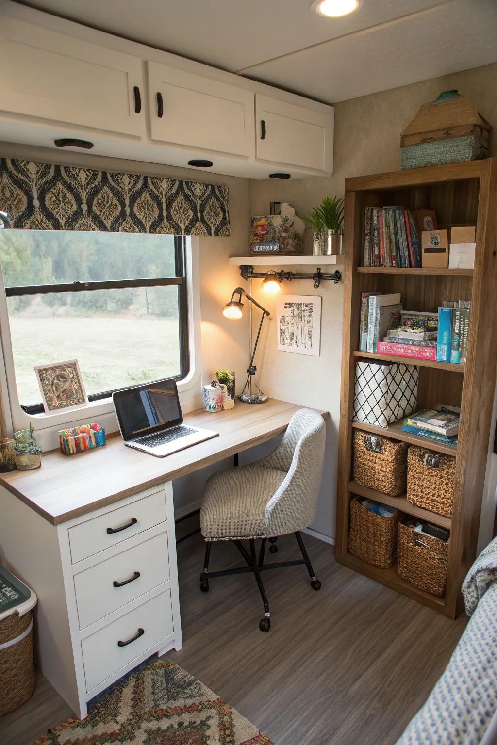 Turn your RV bedroom into a secluded workspace.