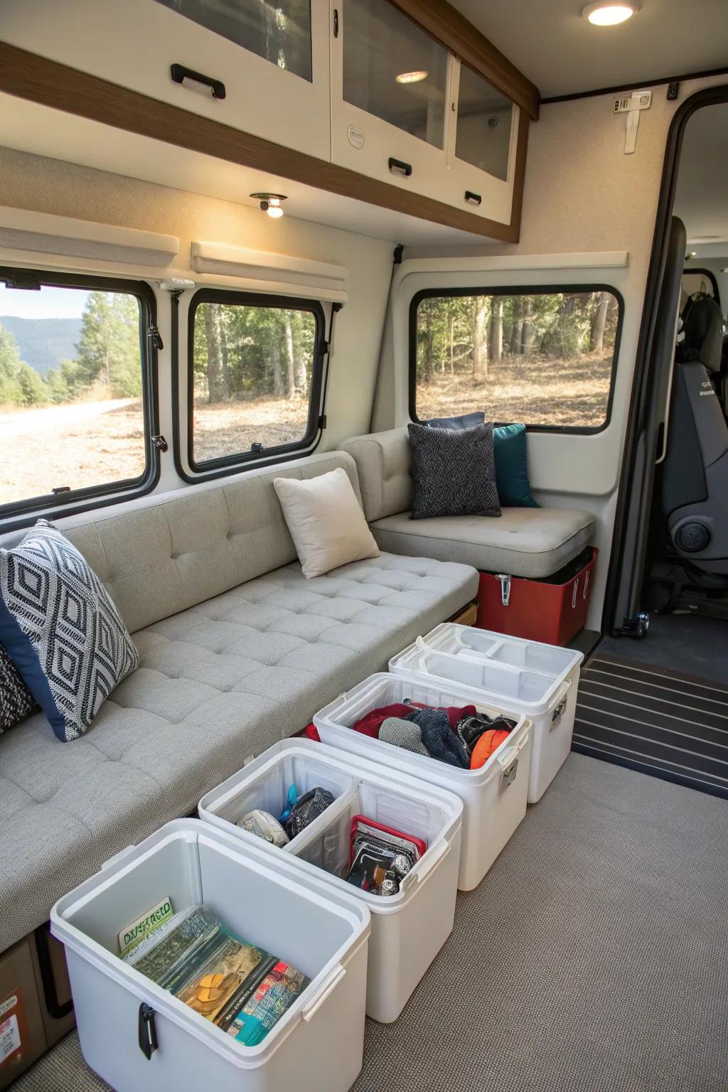 Under-seat storage bins neatly organize essentials.