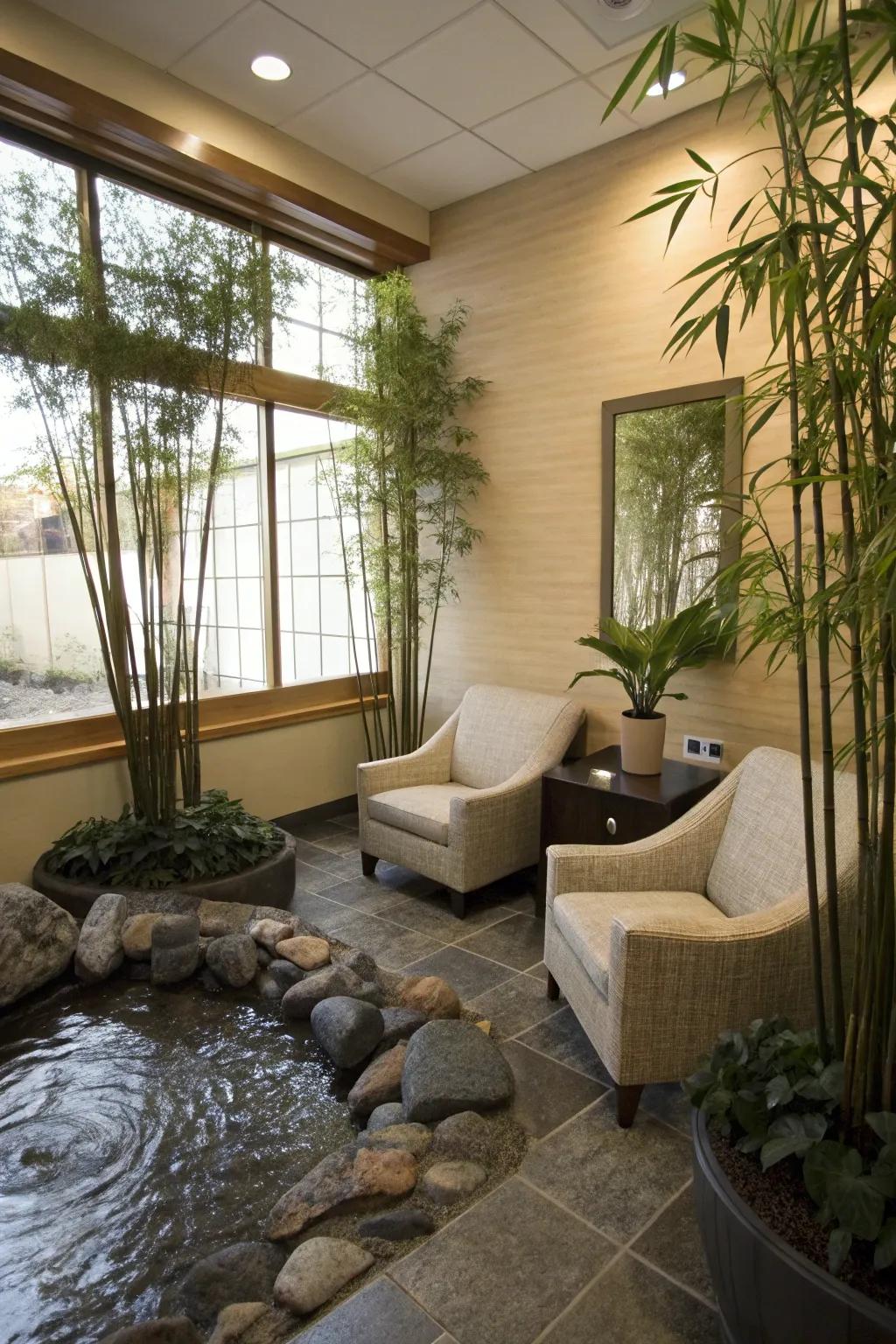 A Zen-inspired salon waiting area offers a peaceful retreat for clients.