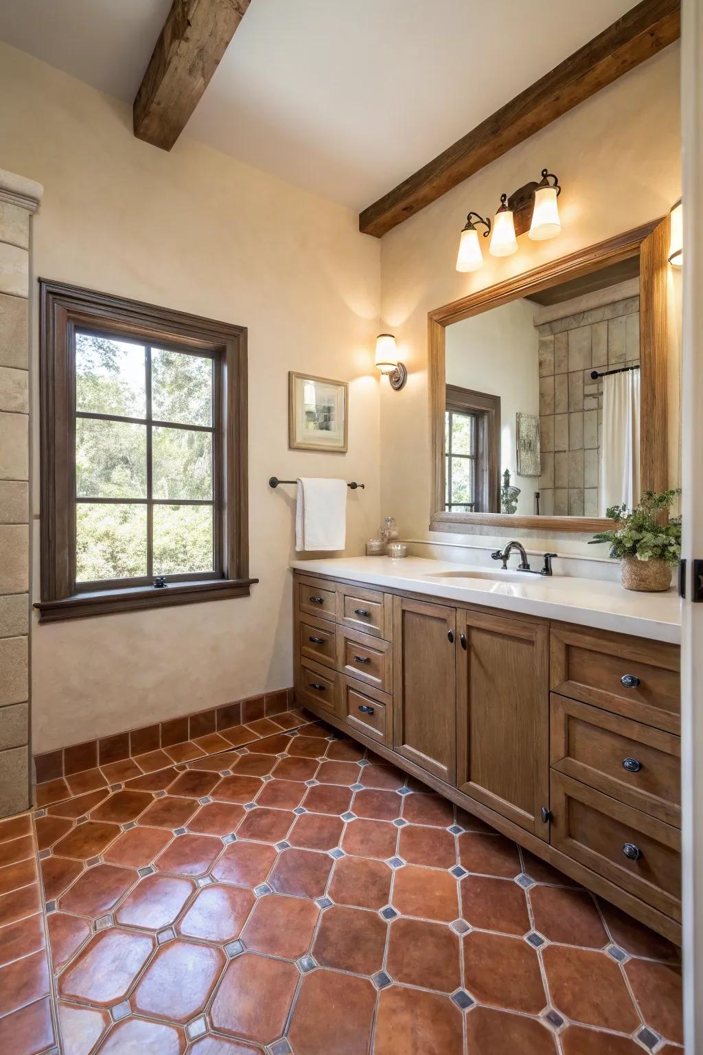 A bathroom showcasing classic terracotta Saltillo tile flooring with soft, neutral walls.