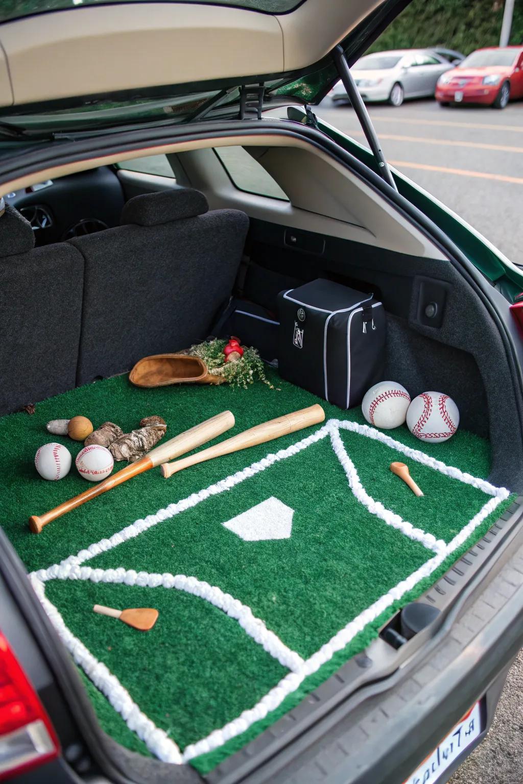 A mini baseball diamond trunk setup brings the sandlot spirit to life.