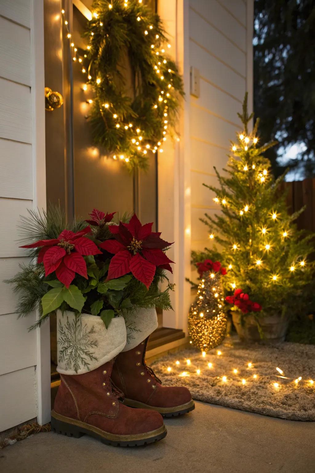 Greet guests with a festive foyer featuring Santa boots.