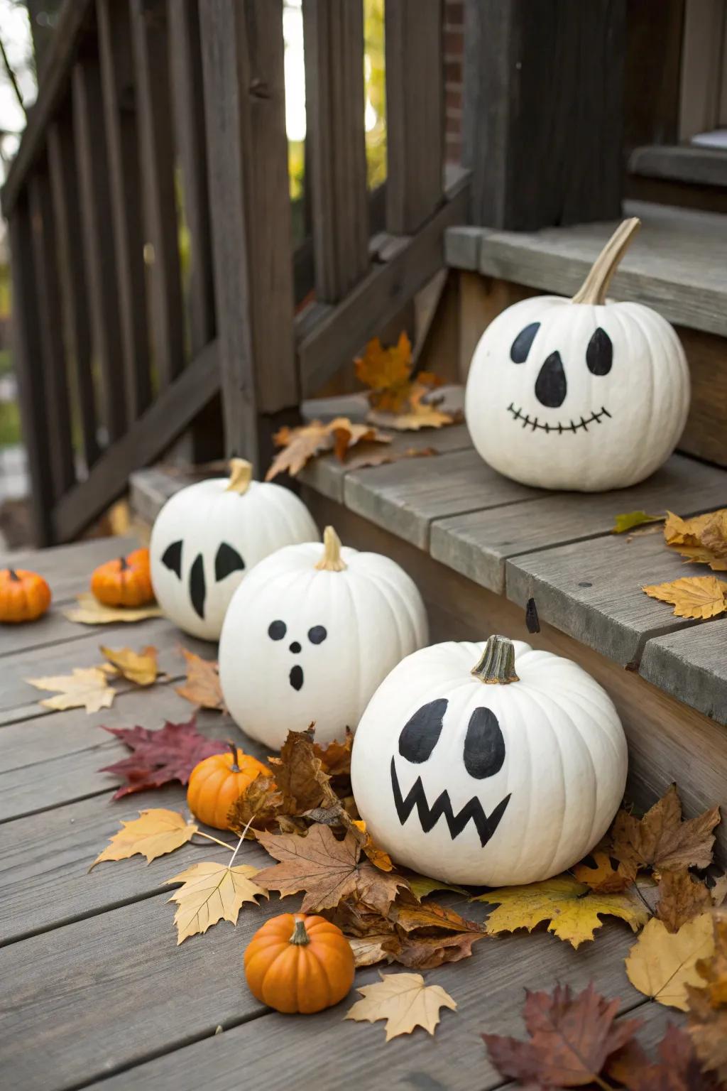 Ghostly pumpkins make for a chilling yet charming Halloween display.