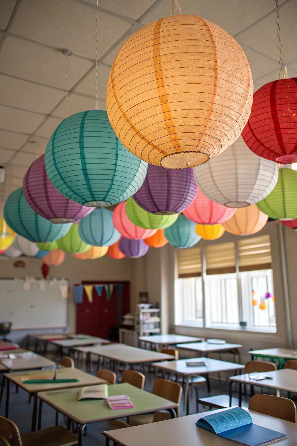 Colorful paper lanterns add a festive touch to the classroom.