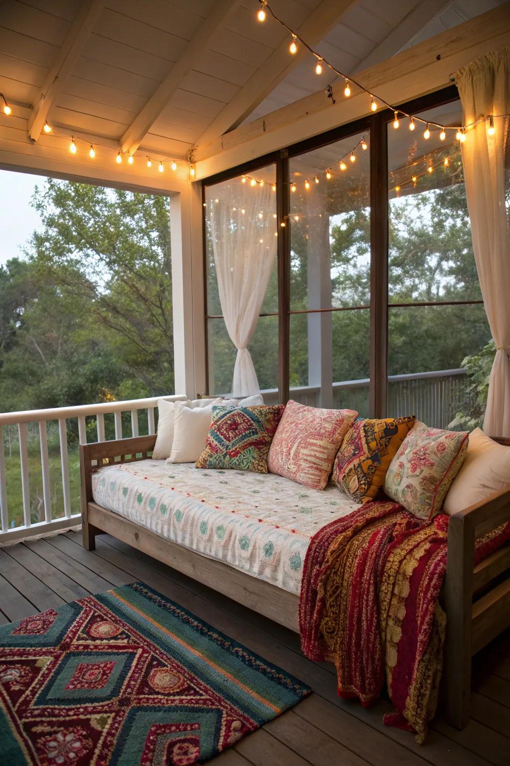 A daybed adds comfort and style to your screen porch.