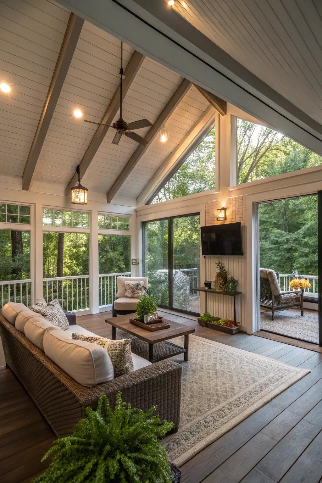 An extended living space that flows effortlessly into a screened porch.