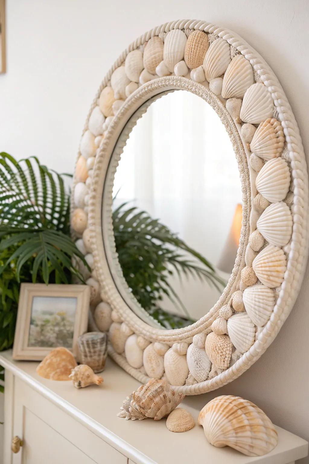 Capture the ocean's elegance with this serene seashell mirror, perfect for adding a touch of coastal charm to your bathroom.