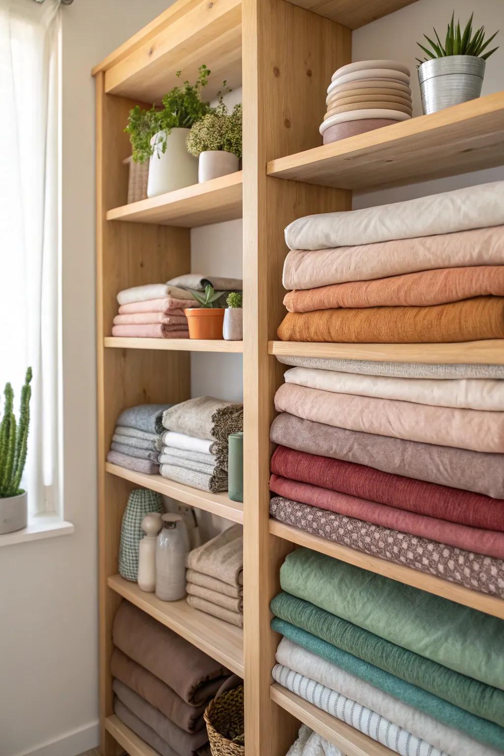 Elevate your sewing space with open shelves that showcase your fabric collection in a stunning spectrum of colors and textures. #SewingOrganizer #ScandiBohoStyle