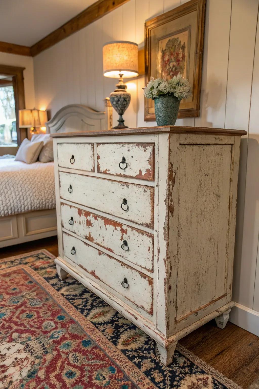 A vintage distressed dresser adds character to a shabby chic bedroom.