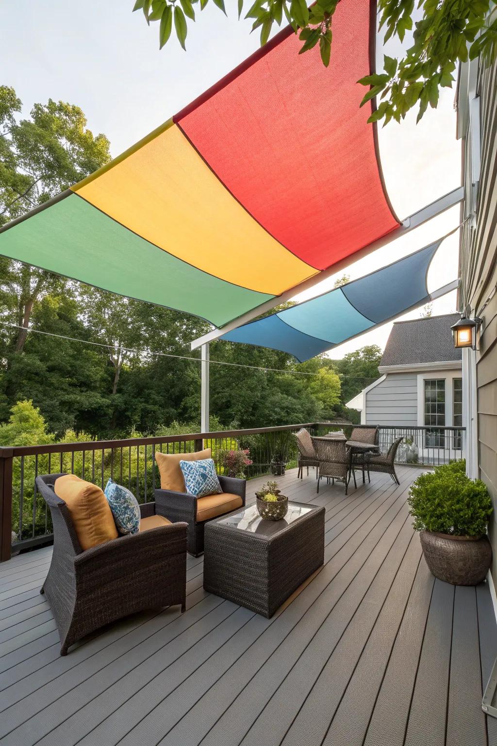 A colorful shade sail adds vibrancy and sun protection to a modern deck.