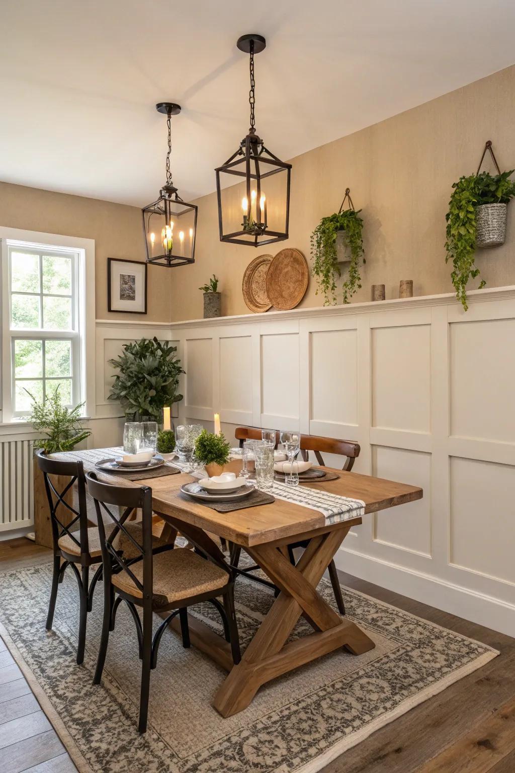 Half-height Shaker panels create a cozy dining space.