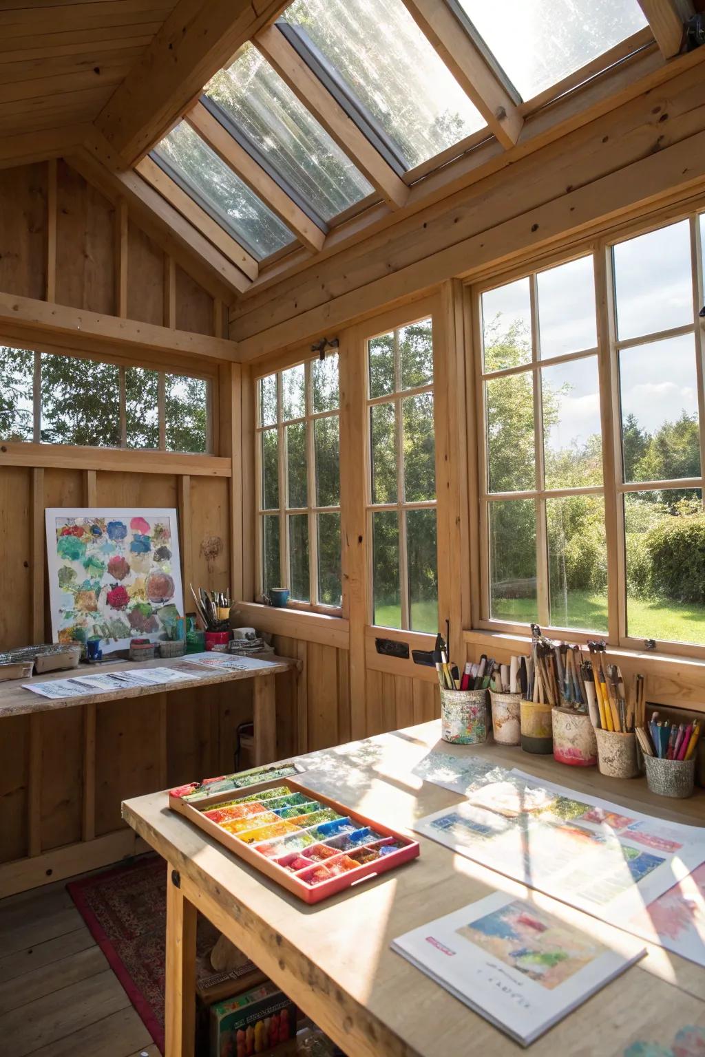 Sunlight pours into a she shed, creating a vibrant crafting environment.