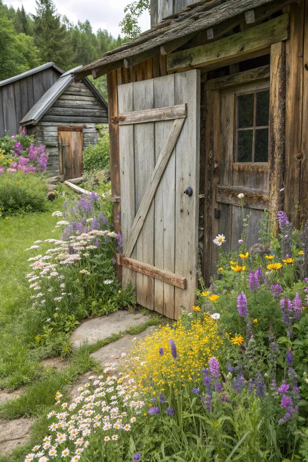 Rustic wood trim adds a cozy, countryside feel to any shed door.