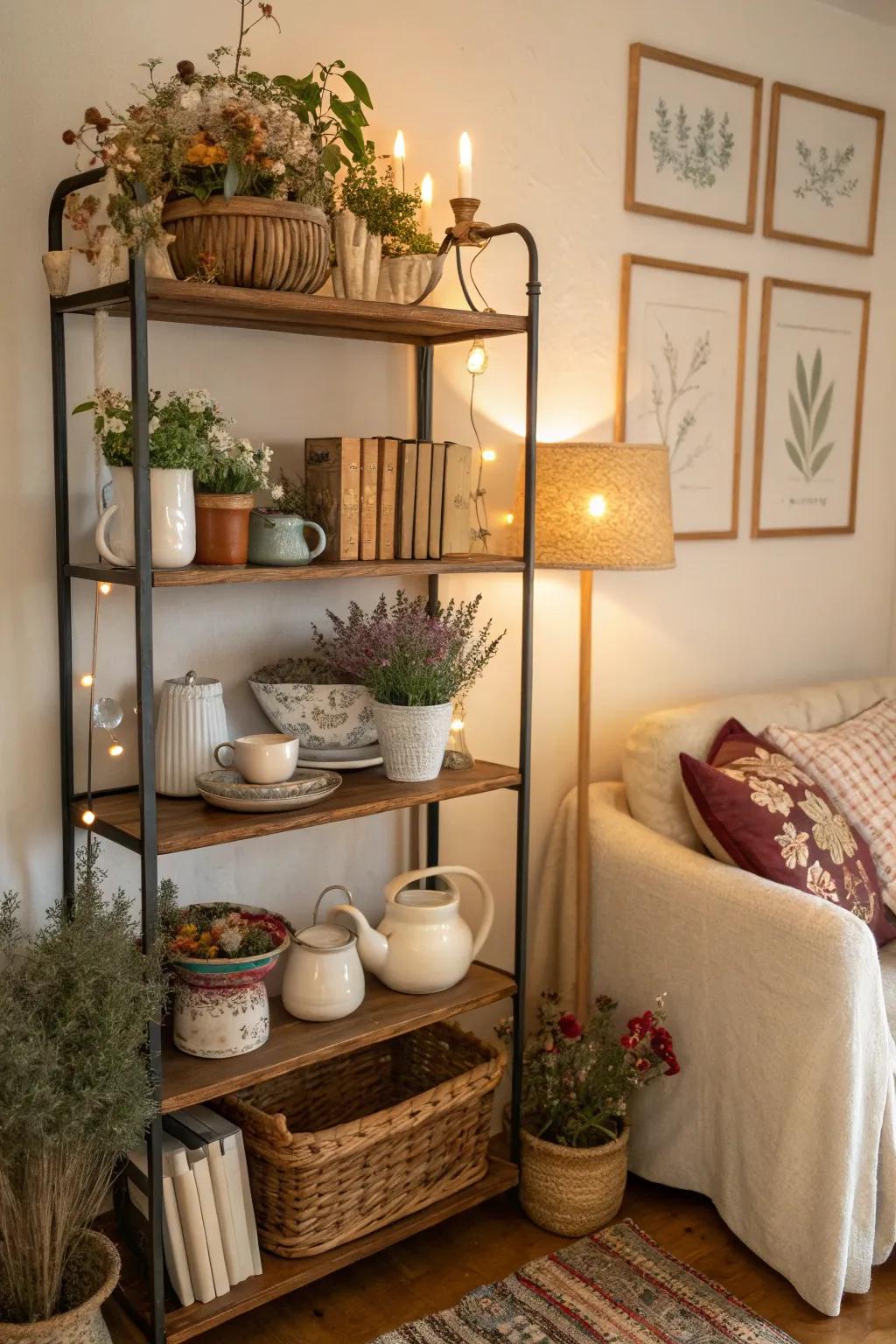 Natural elements and vintage finds make a shelf display feel both fresh and historic.