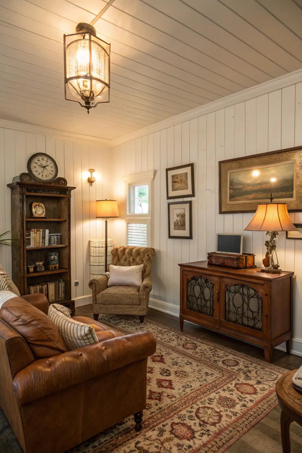 Rustic living room featuring shiplap wainscoting and vintage decor.