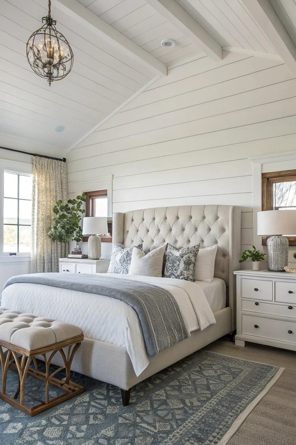 A bedroom with a white shiplap accent wall behind the bed.