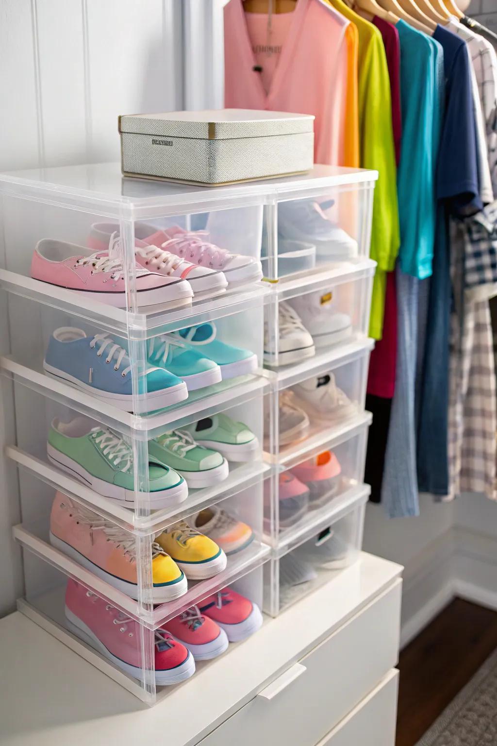 Stackable bins keep shoes organized and visible.