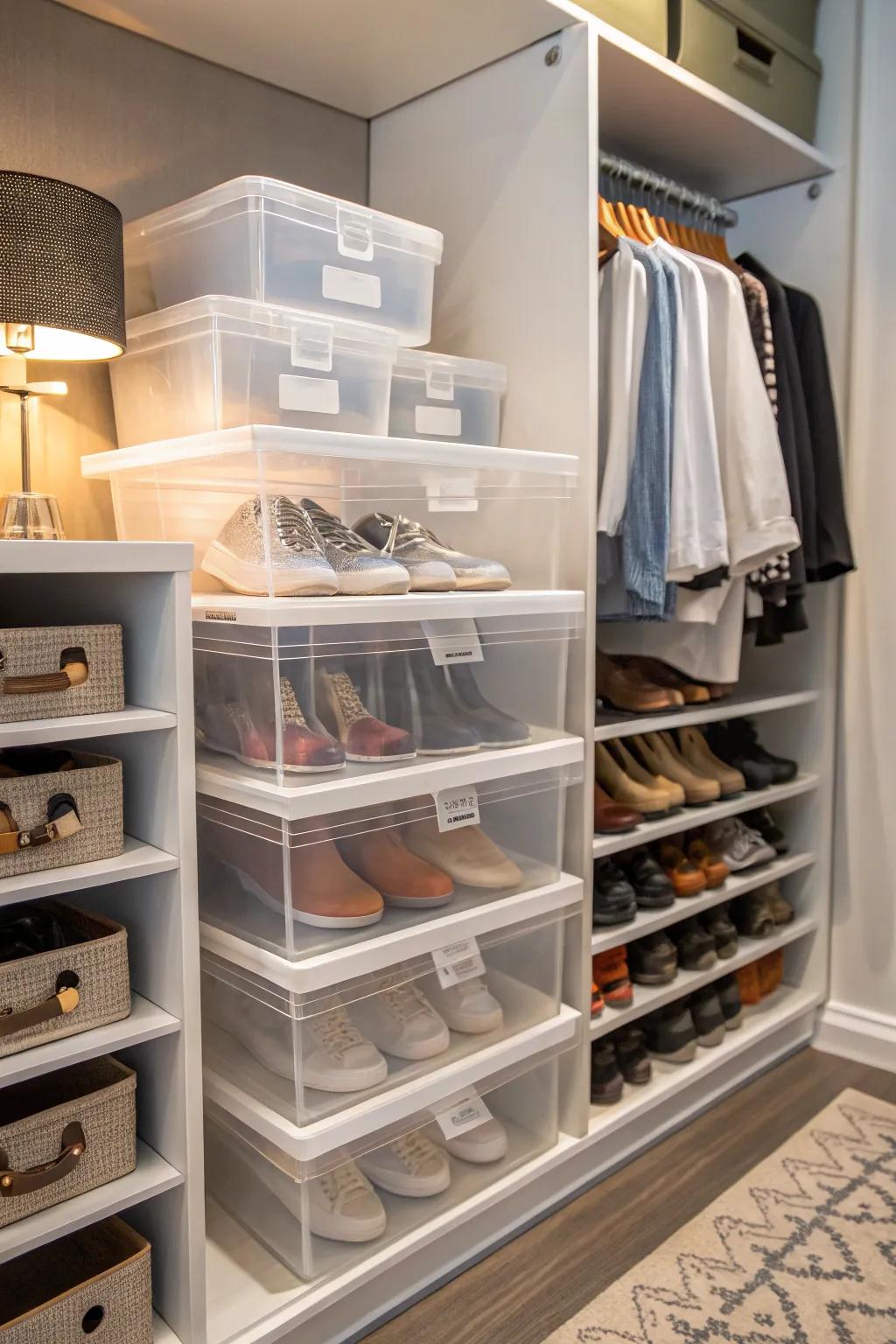 Stackable bins keep your shoes organized and in sight.