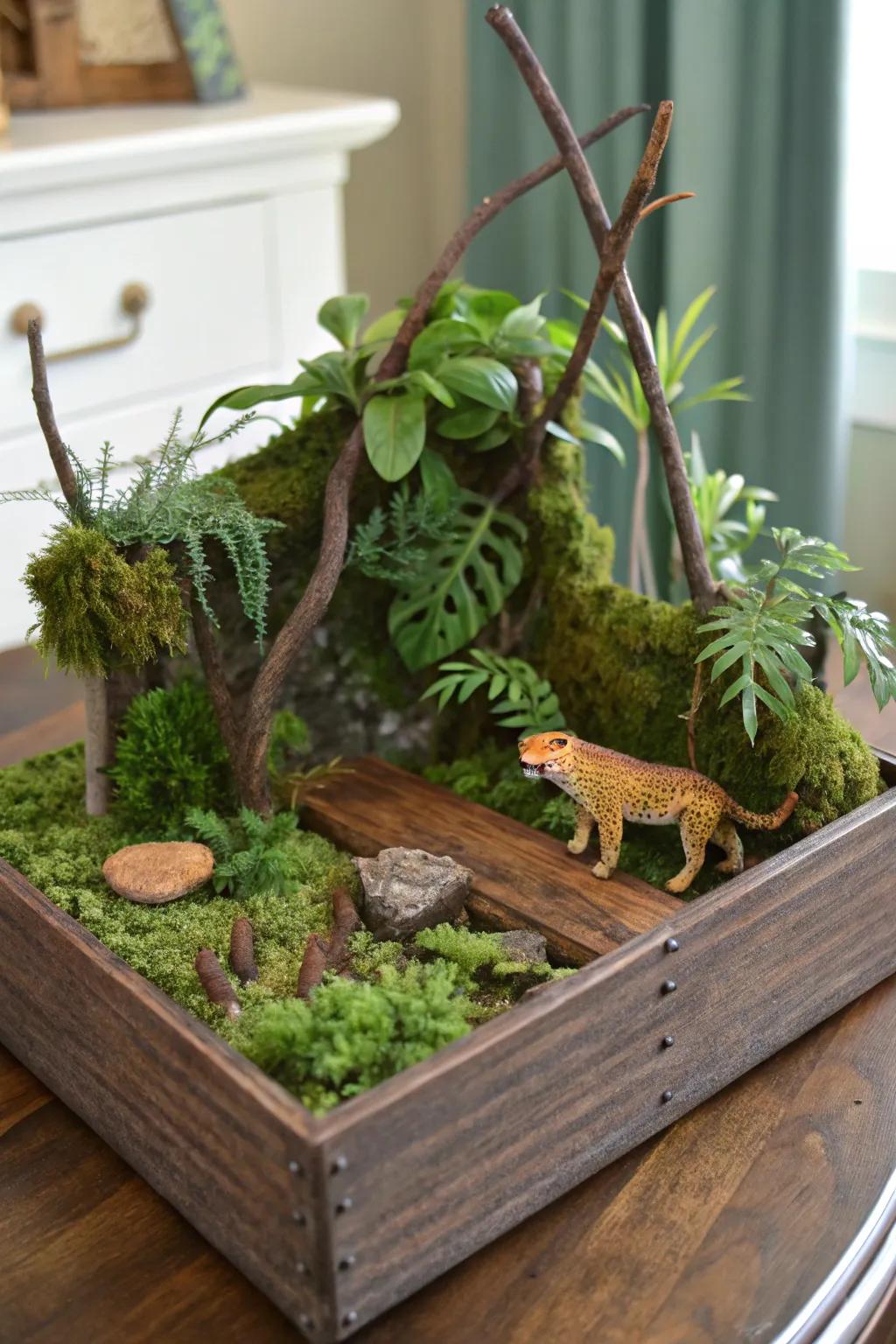 A miniature rainforest habitat complete with a toy jaguar and verdant foliage.