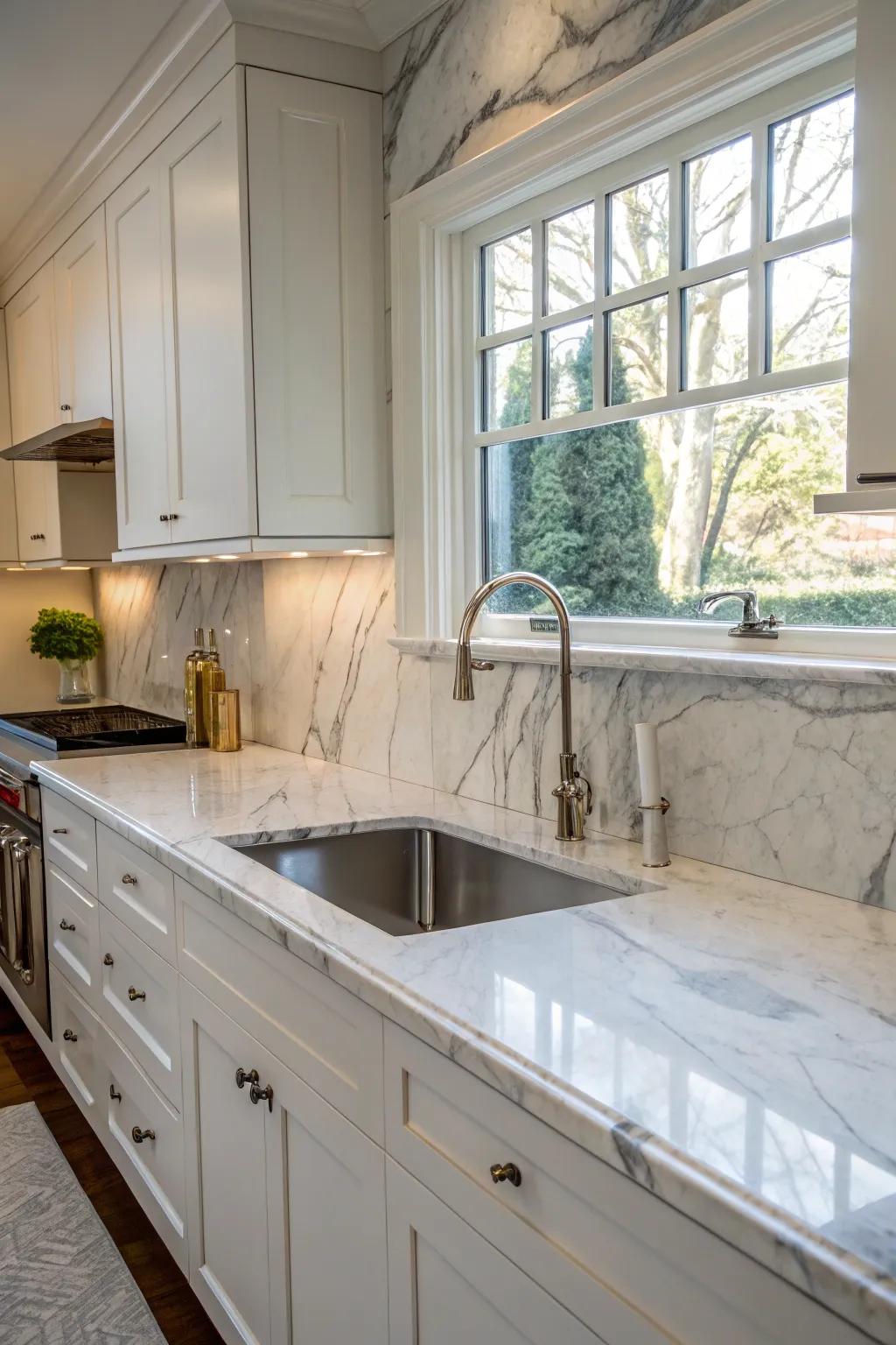 The elegance of a marble backsplash perfectly complements this kitchen's design.