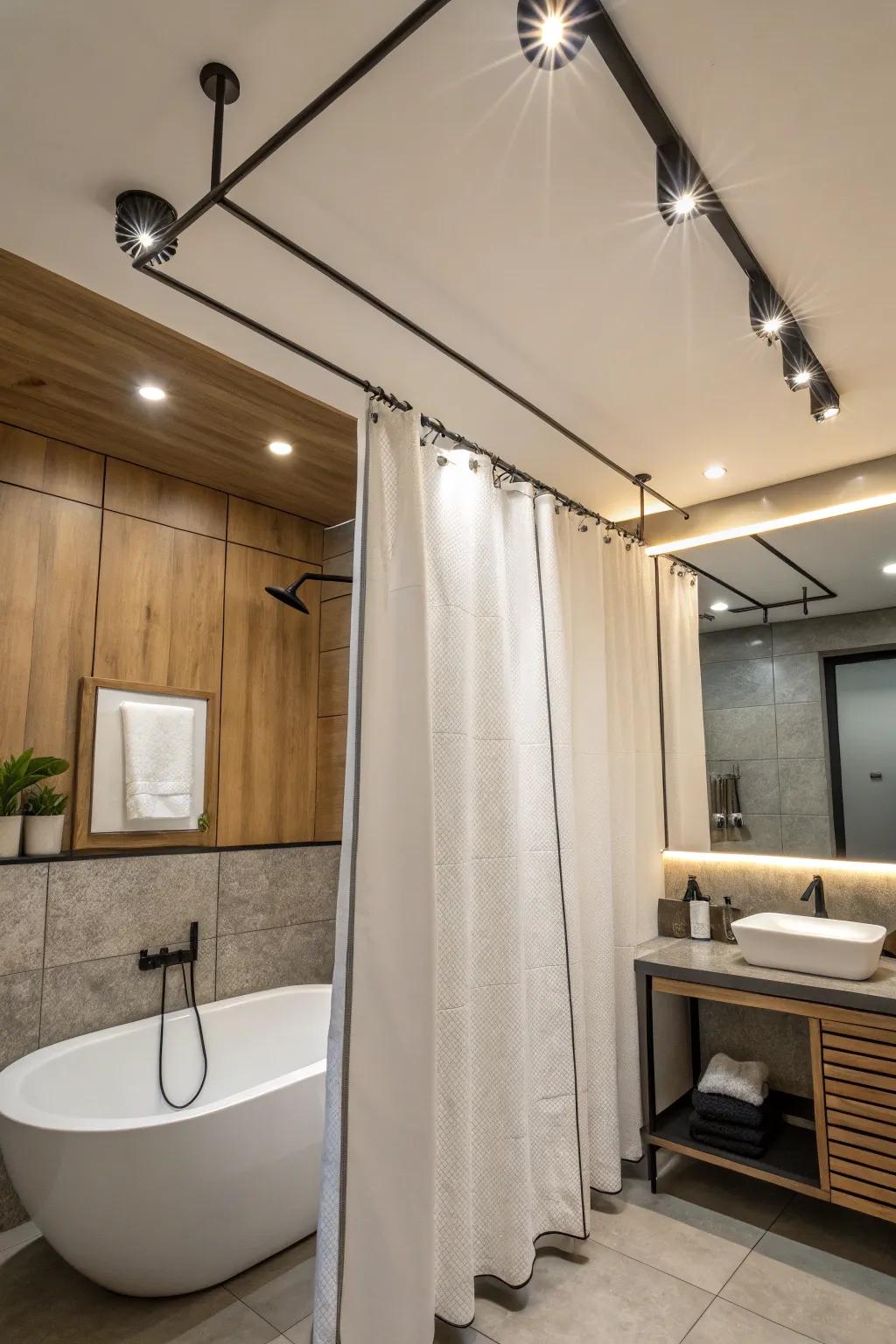 A suspended ceiling rod can give your bathroom a modern and spacious feel.