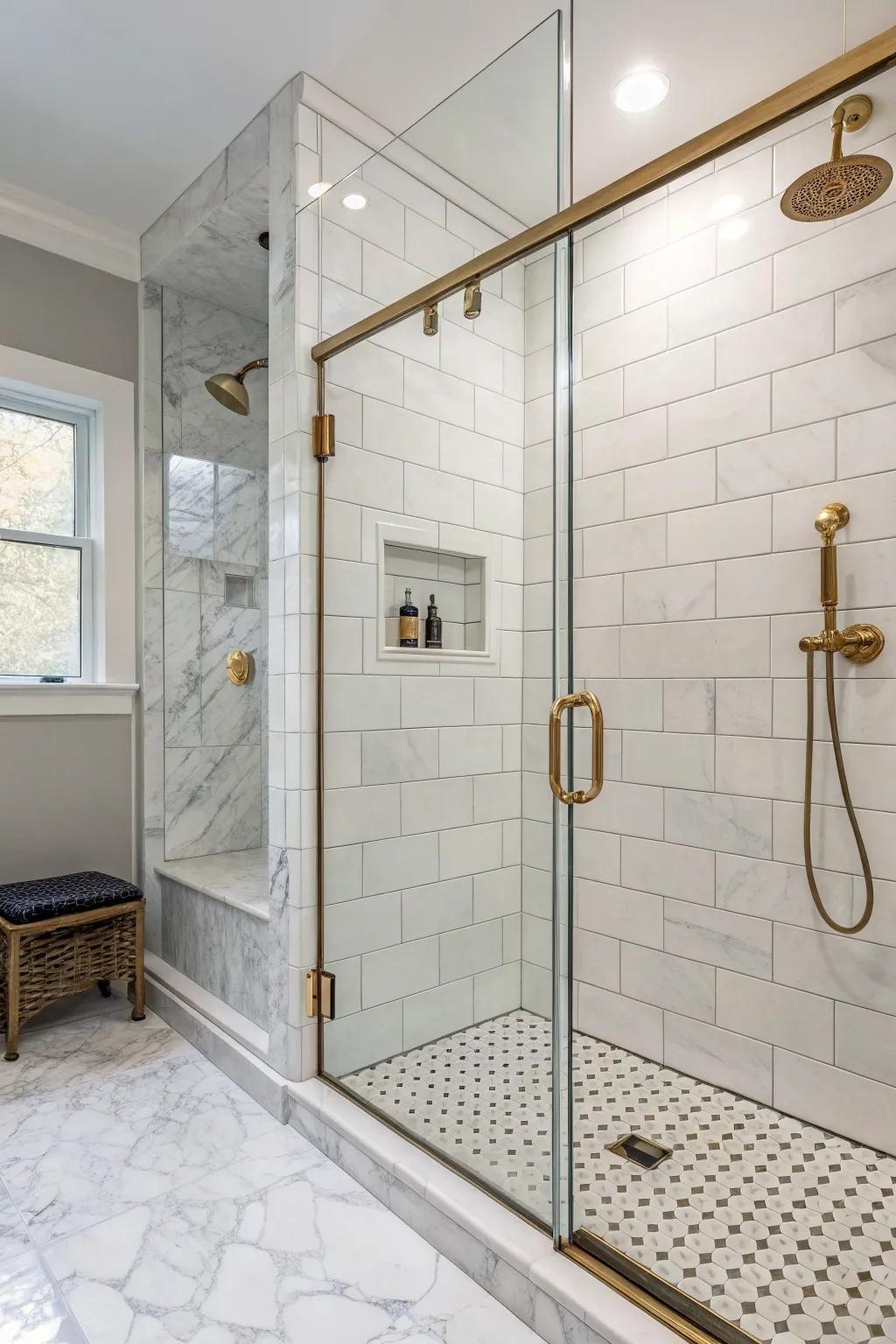 White marble tiles create a luxurious and calming shower space.