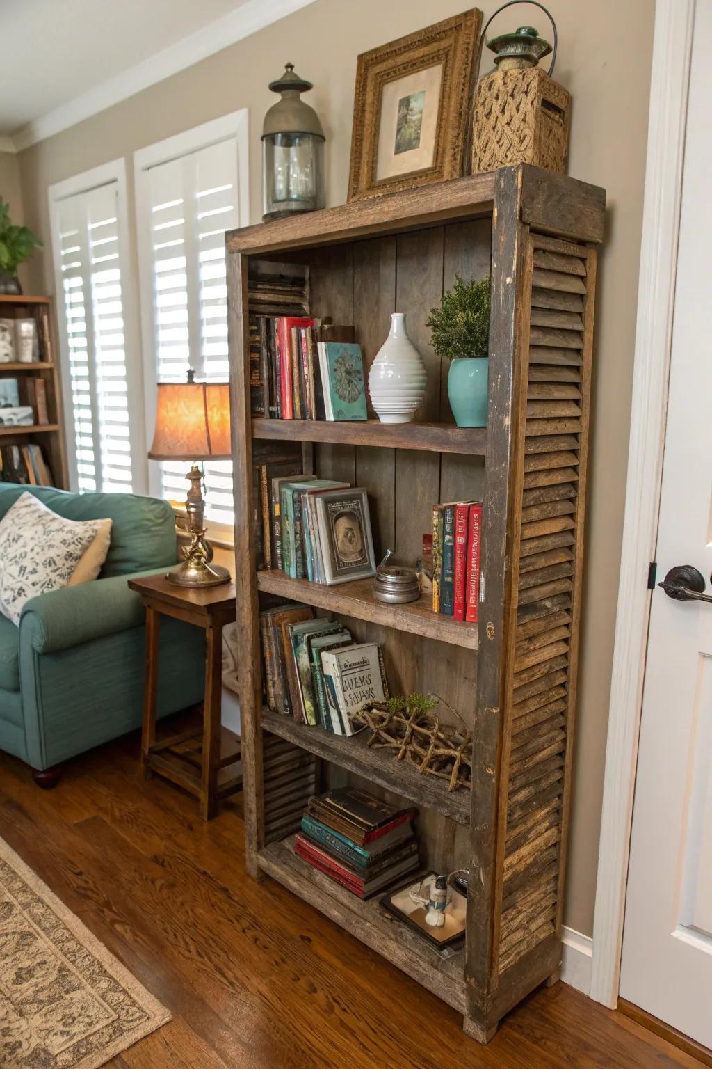 A charming bookshelf crafted from repurposed shutters.