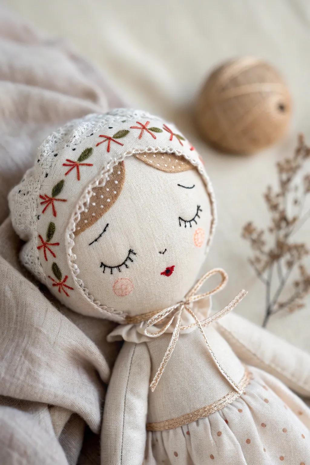 Discover the charm of simplicity with embroidered expressions that bring doll faces to life.