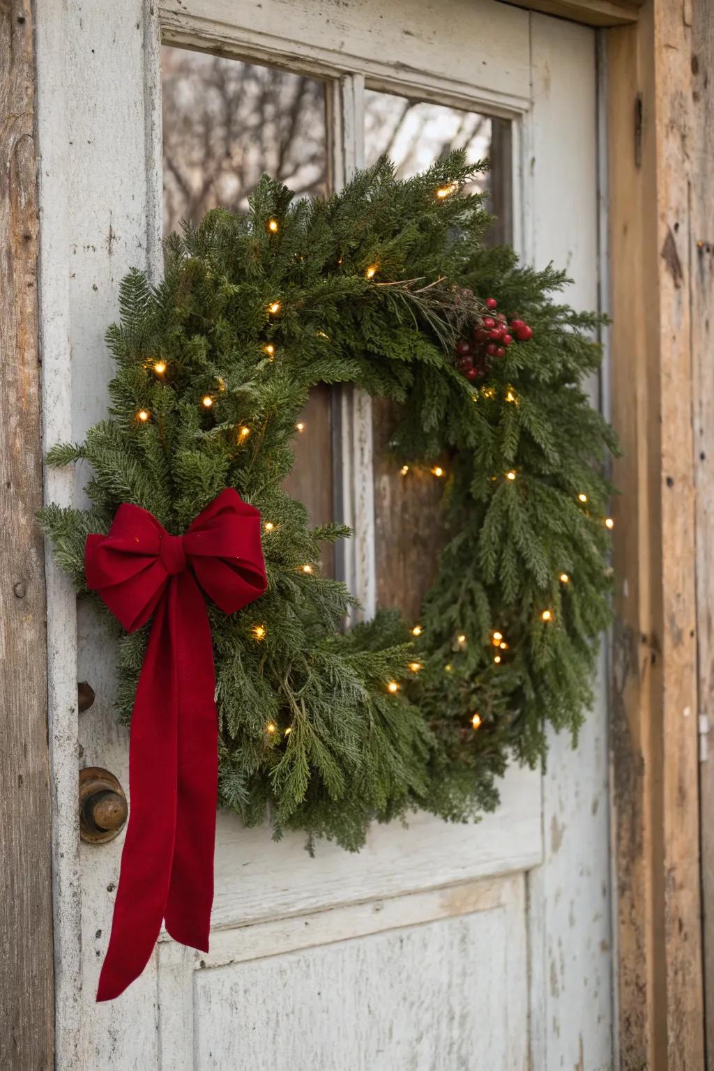 A traditional evergreen wreath with a red bow welcoming guests.