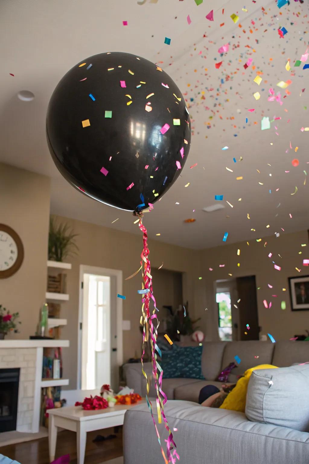 A dramatic moment as confetti bursts from a balloon in a home setting.