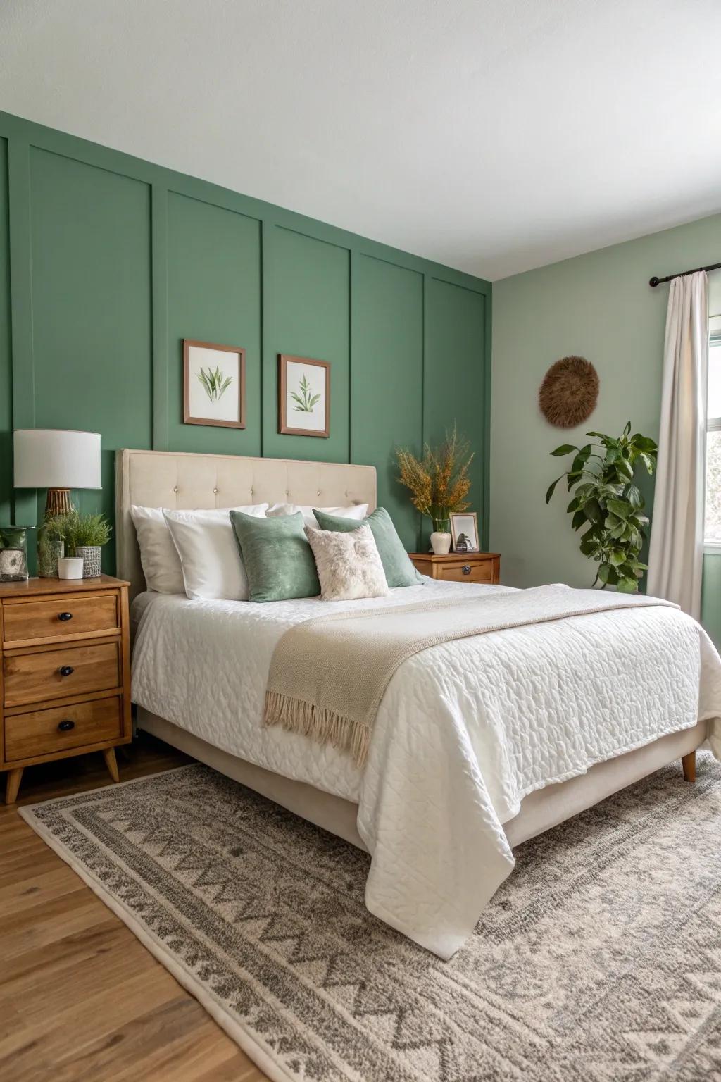 A green accent wall adds a touch of serenity to a neutral bedroom.