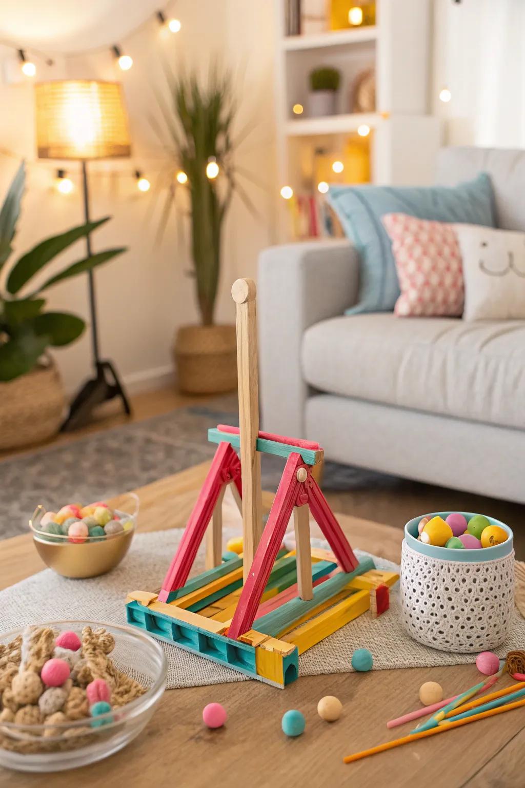 A playful popsicle stick catapult ready for action