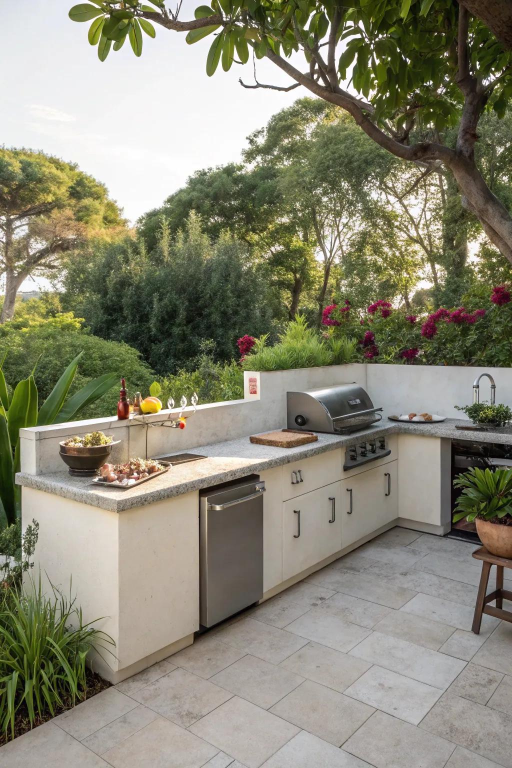 A compact corner kitchen design that fits perfectly into tight spaces.