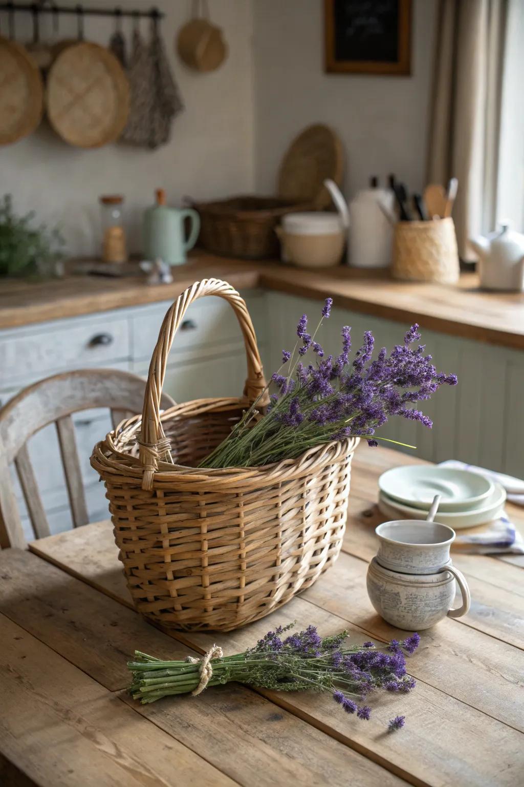 Rustic lavender basket for a naturally elegant centerpiece.