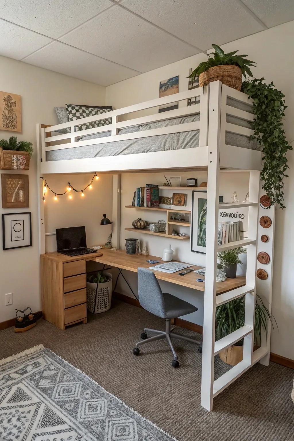 Lofted bed with a study nook underneath maximizes the available space in a single dorm room.