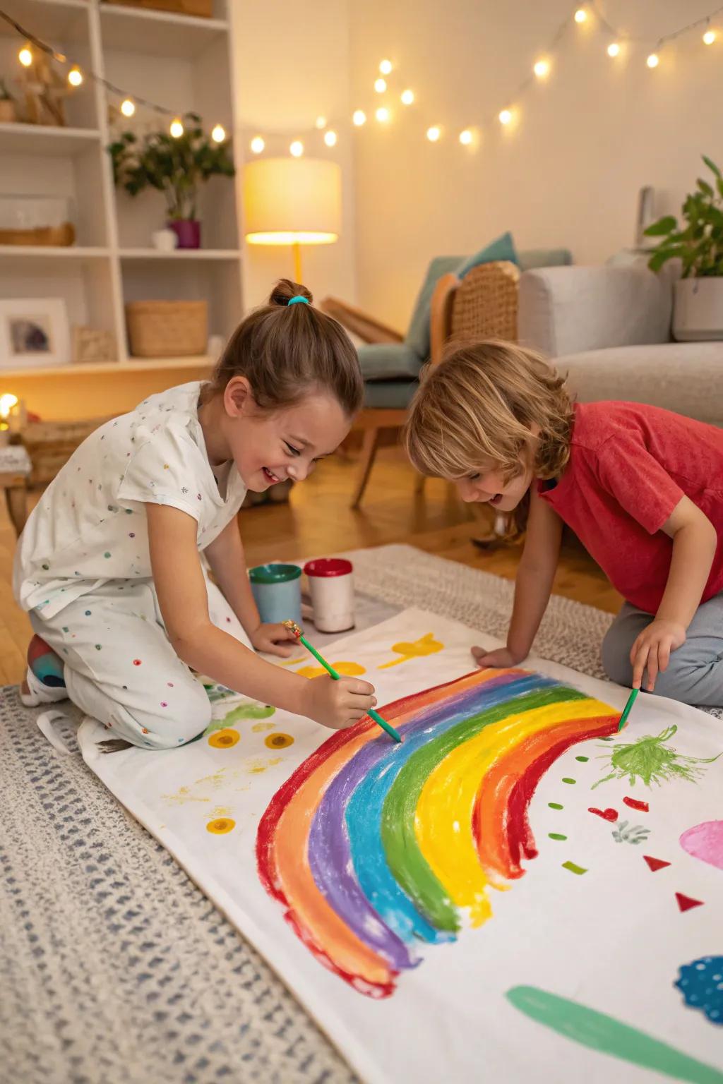 Kids painting a vibrant rainbow on canvas