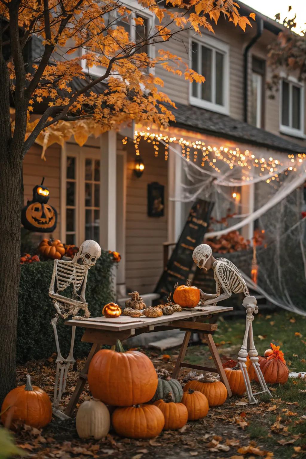 Skeletons Enjoying a Pumpkin Carving Session