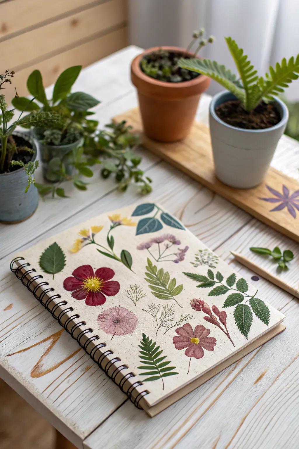 A natural touch with pressed flowers brings your sketchbook cover to life.