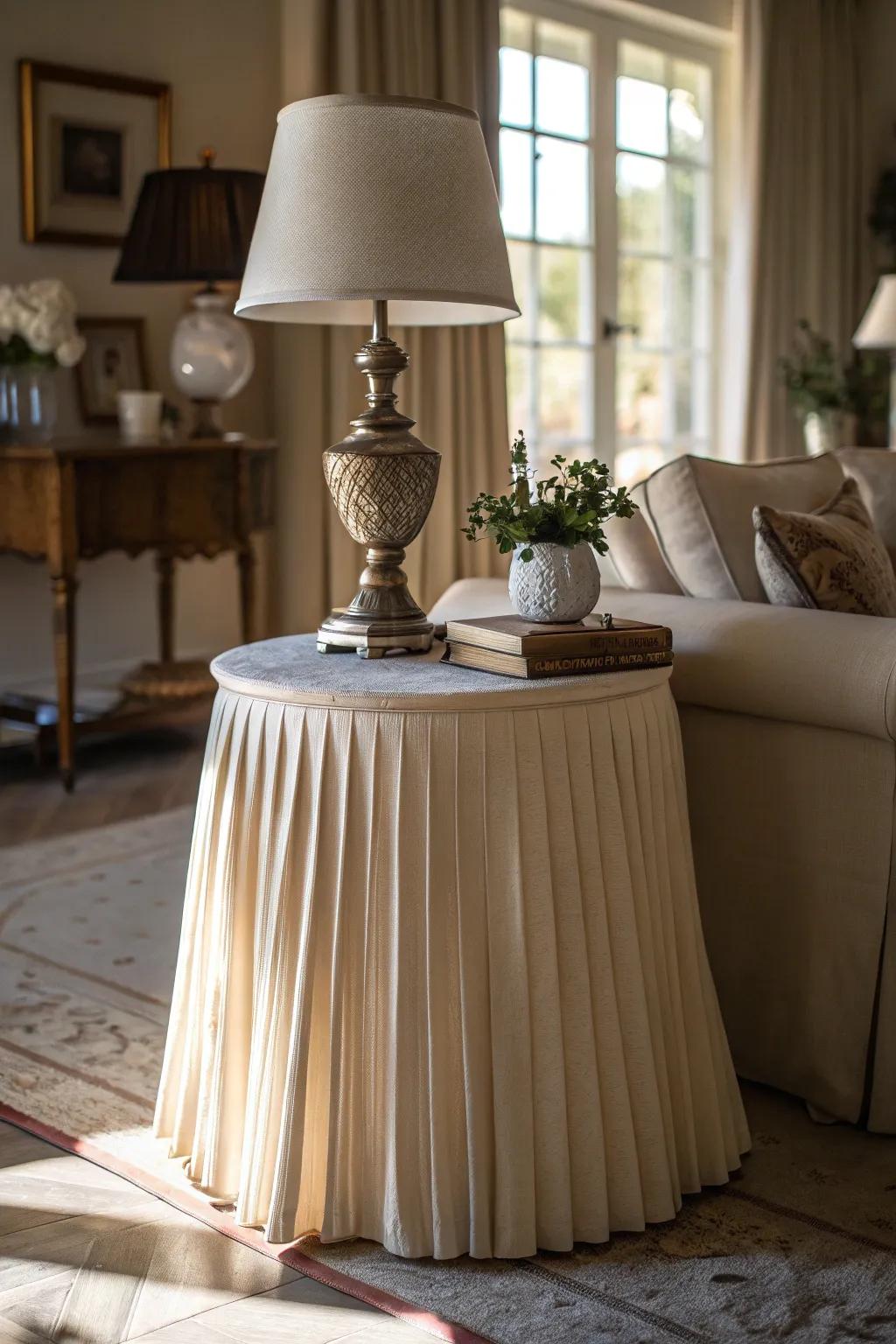 A classic pleated skirted side table nestled in a warm, inviting living room.