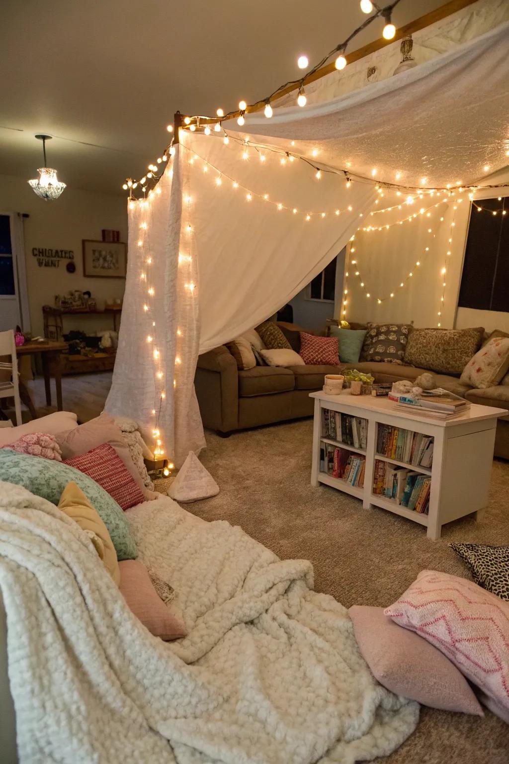 A magical pillow fort setup in the living room.