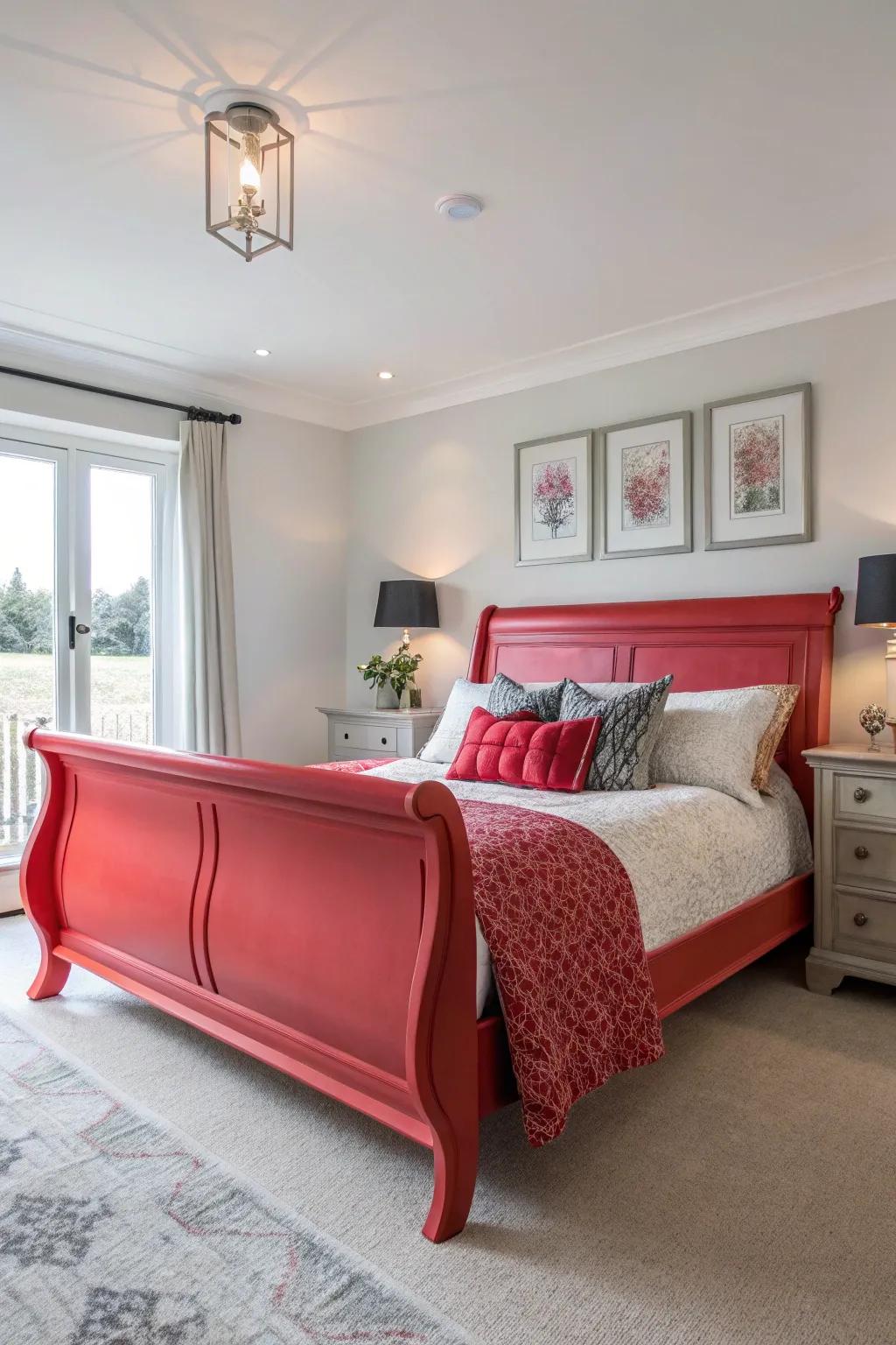 A sleigh bed transformed with a bold coat of paint, bringing a modern touch to the room.